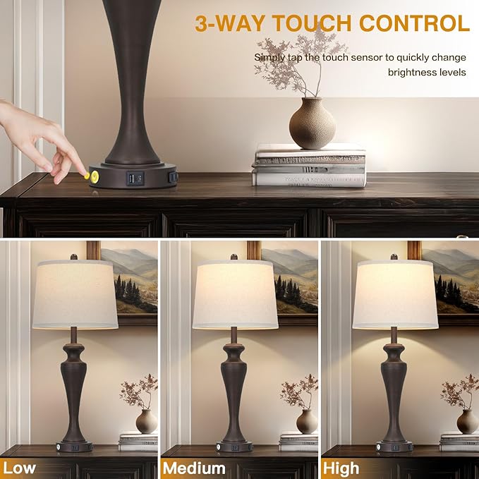 30" Brown Table Lamps Set of 2, 3-Way Touch Control Bedside Lamp