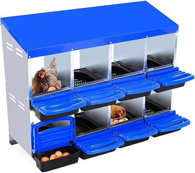 Two-Tier Chicken Nesting Box, 8 Hole Metal Chicken Egg Laying Box with Swing Perch and Rollout Egg Collection Applicable to Coops and Duck Houses Blue.