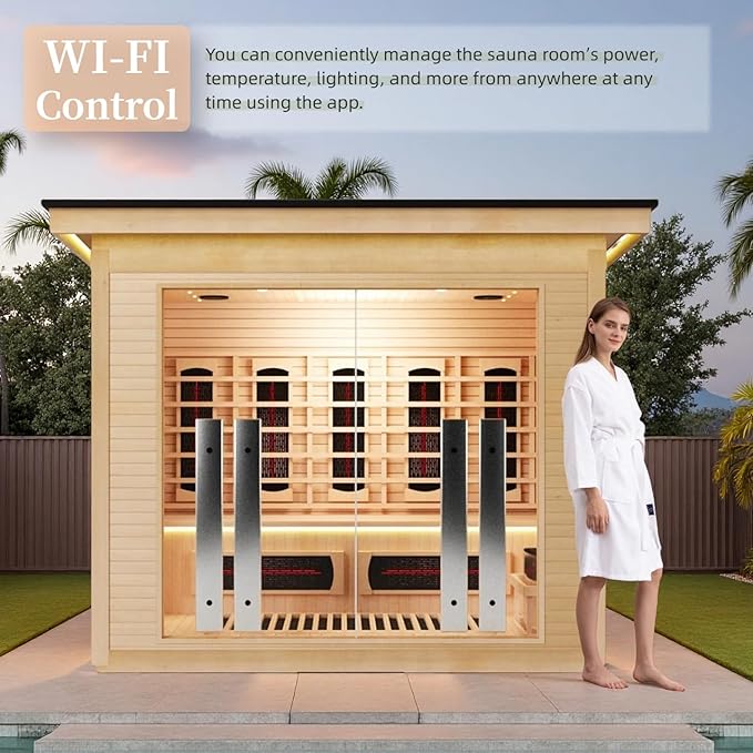 4-Person Far Infrared & Steam Dual-System Sauna Room, Outdoor Canadian Hemlock Wood Sauna, WiFi Control, Red Light Therapy, 14 Heaters& Electric Stove, Left Door, 220-240V