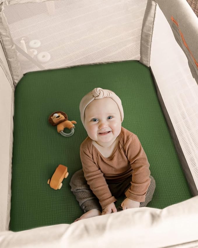 Blissful Diary Muslin Mini Crib Sheets, Pack and Play Mattress Sheets Fitted for Pack N Play, Soft Cotton for Boys Girls, 2 Pack(Monstera&Dark Green)