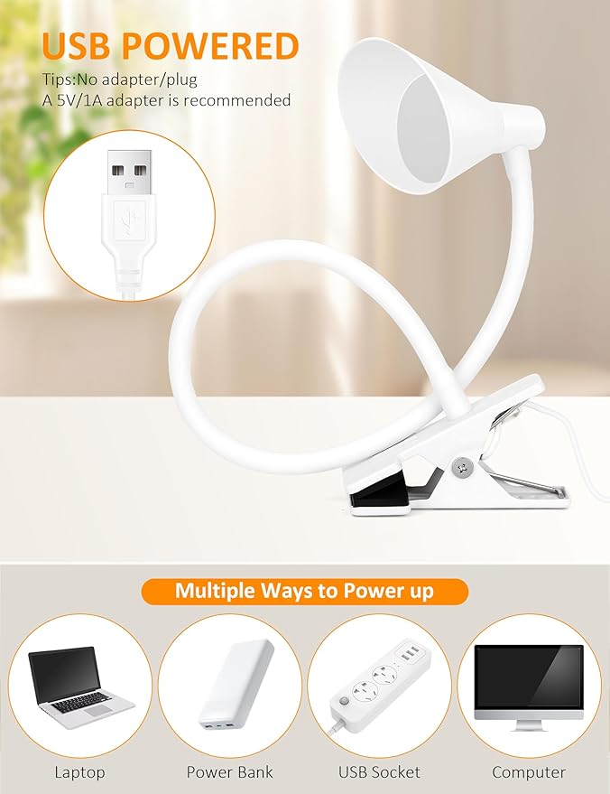 Desk Lamp Clip on Light USB Reading Light 3 Color Modes 10 Dimmable Brightness