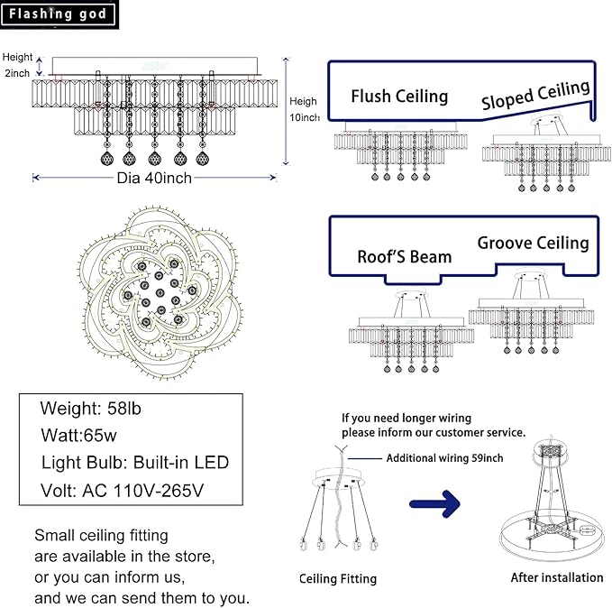 Dia 40'' Modern Crystal Chandelier Flush Mount Crystal Ceiling Light Fixture