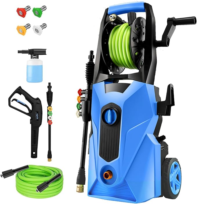 Pressure Cleaner 5000 PSI,2.8 GPM Power Cleaner with Foam Cannon,Portable Cleaner with 33ft Hose Reel,4 Nozzle Tips,and Soap Bottle for Cars/Home/Driveways/Patios/Decks/Fences(Blue)
