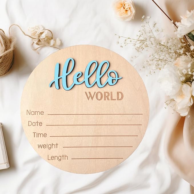 Baby Announcement Sign, 5.9 Inch Wooden Hello World Newborn Signs, Birth Announcement Sign, Baby Shower Hospital Nursery for Newborn Boys and Girls (Sky blue)