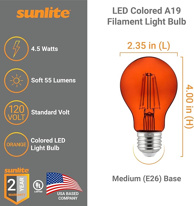 Sunlite 40944 LED Colored Filament A19 Light Bulb, 4.5 Watts, Medium E26 Base