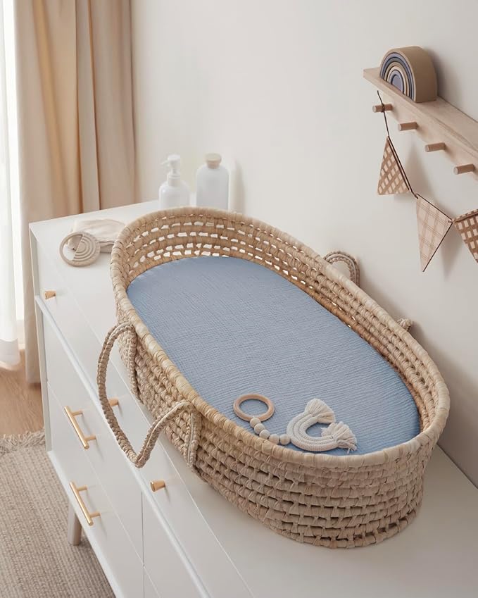 Blissful Diary Muslin Bassinet Sheets for Baby Girls Boys, Boho Soft Cotton Fitted for Oval Hourglass Rectangle Mattress, 2 Pack(Light Blue&Grey)