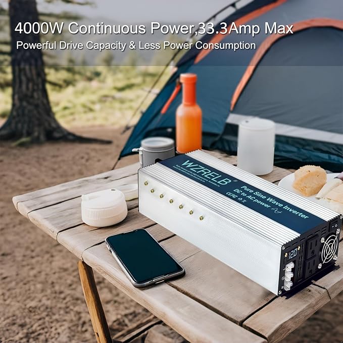 WZRELB 4000W Pure Sine Wave Inverter, Car Power Inverter 72V DC to 110V 120V AC Converter for RV, Truck, Solar, Outdoor with Dual AC Outlets, Hardwire Port, Surge 8000W, LED Display,Off-Grid