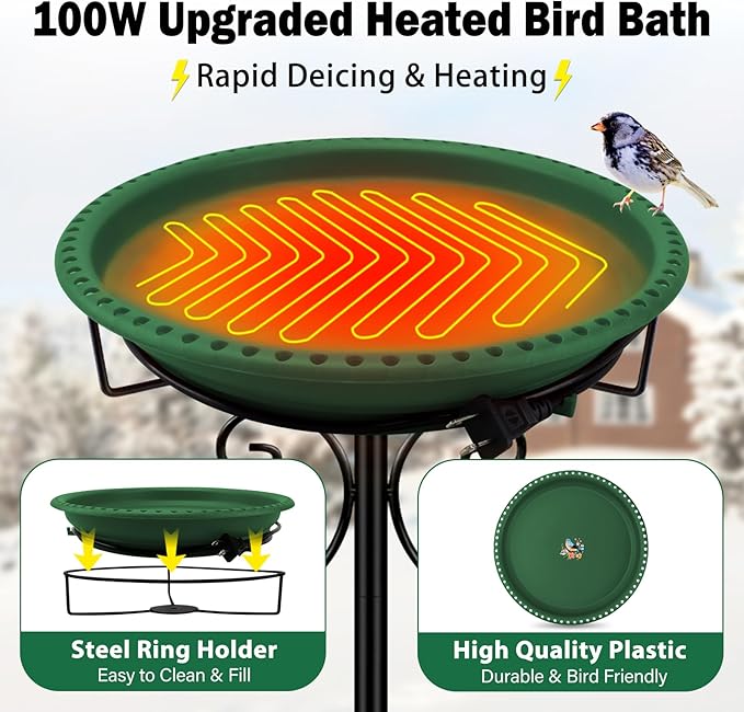 Daoeny Heated Bird Baths for Outdoors, Upgraded 100W Thermostatically Controlled Heated Bird Bath with 5-Prong Metal Base, Heated Bird Bath for Outside Winter Garden Patio Yard Lawn(Green)