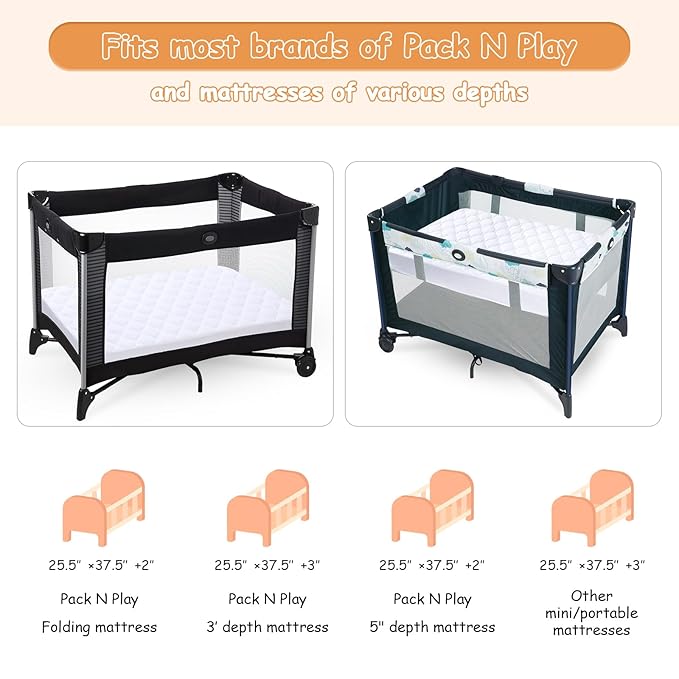 Yoofoss Waterproof Pack and Play Mattress Protector, Quilted Pack and Play Mattress Pad Cover Ultra Soft and Breathable, Playpen/Playard Mattress Sheet for Standard Pack n Play Size 39''x27''-White