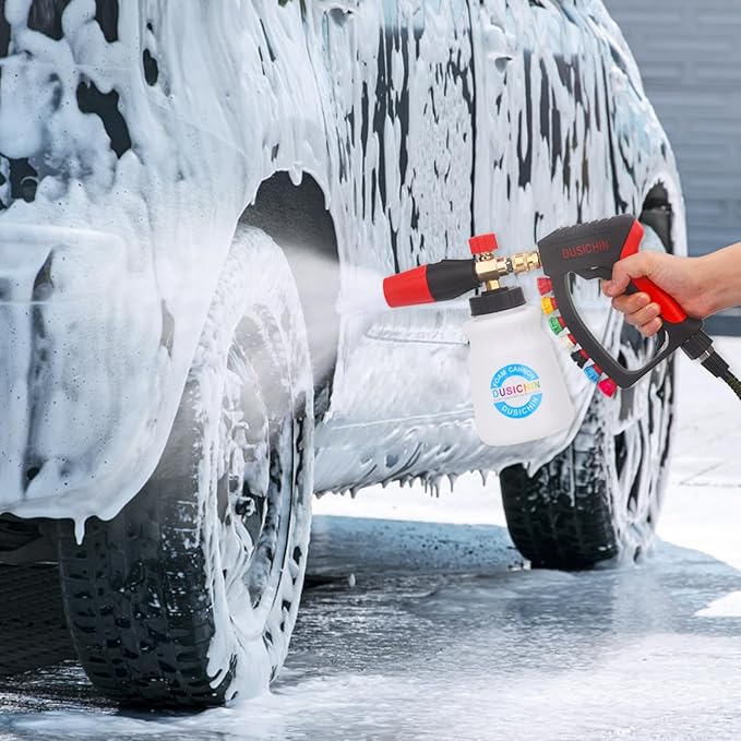 DUSICHIN Short Pressure Washer Gun Swivel Joint 4000 PSI Foam Cannon Lance,7 Pressure Washer Nozzle Tips Car Wash Foam Gun 7 Tip Slots 3/8'' Swivel Quick Connector,M22-14mm M22-15mm Fitting DUS2912