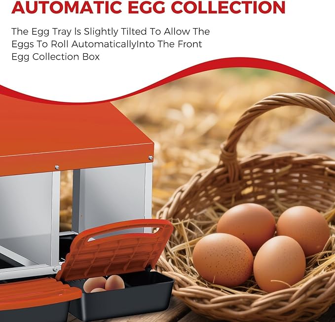 Chicken Nesting Boxes, Metal Rollaway Chicken Nest Box with Rollout Egg Collection, Removable Tray & Nesting Pads, Egg Laying Box for Chicken Coop Hens, Wall Mount or Standing, 4 Compartments, Orange