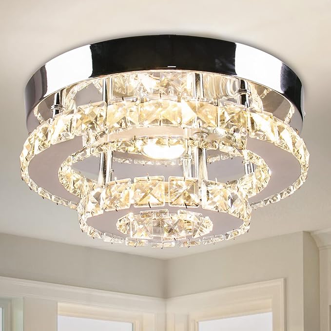 Mini Chandelier LED Crystal Ceiling Light 2 Layers Round Flush Mount Ceiling