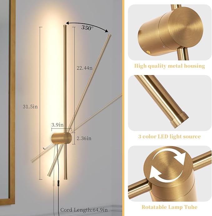Dimmable Plug in Wall Sconce Set of 2, Adjustable Color Temperature Brightness