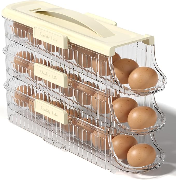 Egg Holder for Fridge Automatic Rolling, Egg Storager Container Organizer Dispenser for Refrigerator Stackable Removable Inner Tray, Egg Accessories (Clear, 1 Row-3 Tiers)