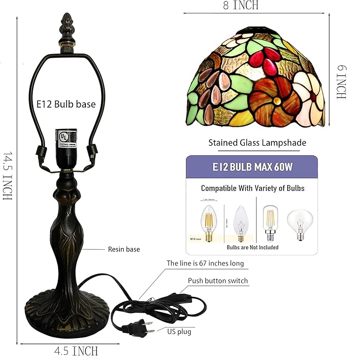 Tiffany Style Lamp Stained Glass Table Lamp 8 x 14.5 Mini Accent Light Grape