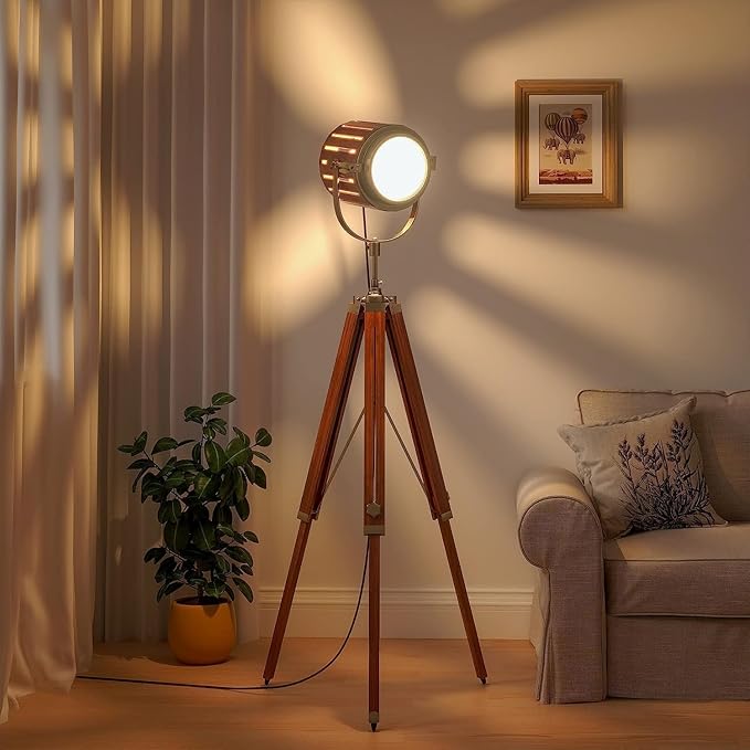 Decorative Moveable Spotlight Antique Brass Floor Lamp Searchlight Tripod Home