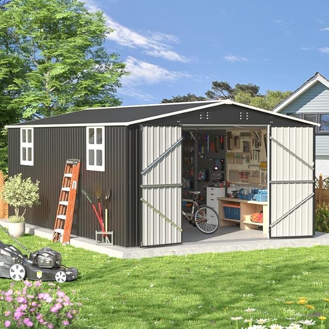 12x16 FT Outdoor Storage Shed, Garden Shed with Updated Frame Structure and Lockable Doors, Metal Tool Sheds for Backyard Garden Patio Lawn, Black