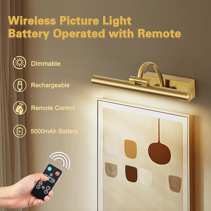 Wireless Picture Lights for Wall Rechargeable Brass Gallery Lights Battery