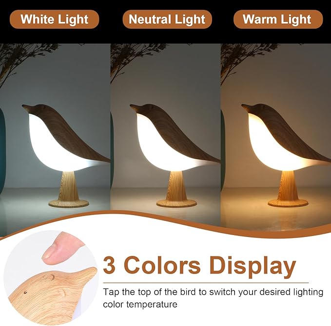 VoMii Bird Table Lamp, Small Desk Lamp Cordless Touch Dimmable Night Light