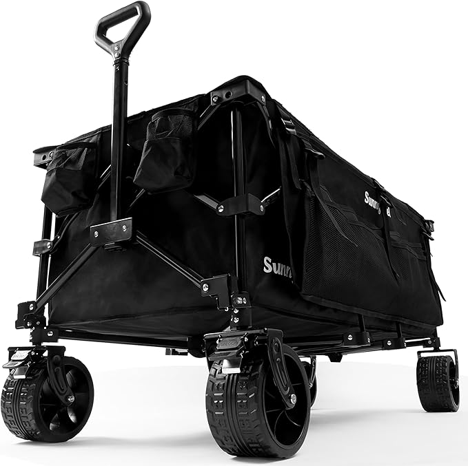 SUNNYFEEL 49''L 550lbs Heavy Duty Wagon Cart Foldable with Wheels,Extra Long Fold Up Wagons Carts with Side Pocket and Brakes for Camping Sports Garden Shopping (Black)