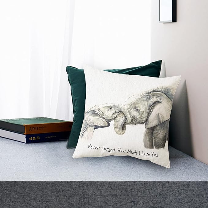 Sidhua Elephant Love Themed Pillowcase Decorations for Home, Baby Elephant Never Forget How Much I Love You Throw Pillow Cover 18”x18”, Valentine’s Day Gifts, Elephant Lover Gifts