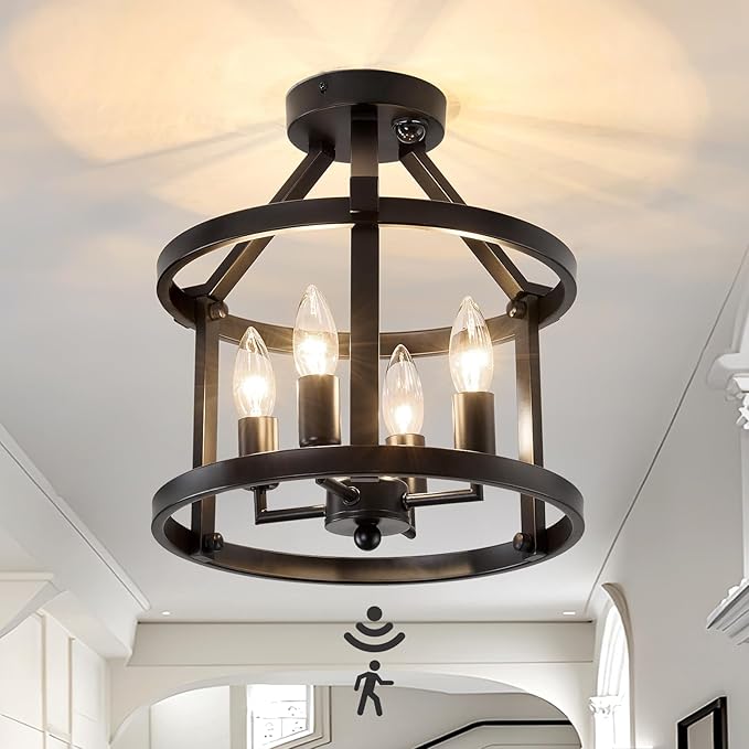 UOFUS Indoor Motion Sensor Ceiling Light Fixture Black Semi Flush Mount