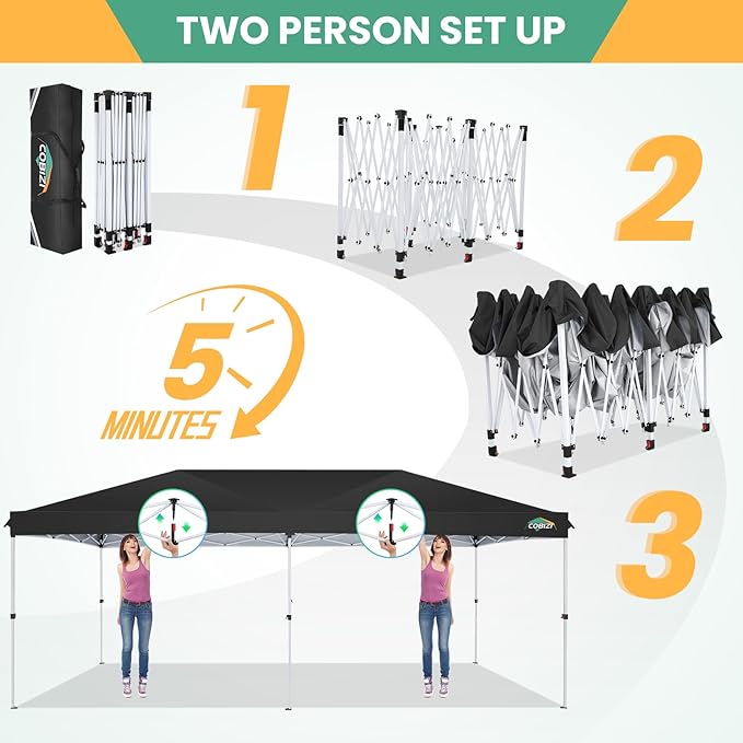 COBIZI 10x20 Pop Up Canopy Tent with 6 Removable Sidewalls,Waterproof & UV 50+ Easy Up Canopy,Commercial Gazebo with Air Vent,4 Sand Bags,4 Stakes & 8 Ropes,Tents for Parties/Camping/Backyard,Black