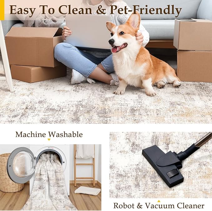 2x8 Washable Runner Rug Beige Grey Neutral Abstract Hallway Kitchen Living Room Bedroom Non Slip Throw Rug Soft Low Pile Indoor Carpet for Entrance Laundry Bathroom