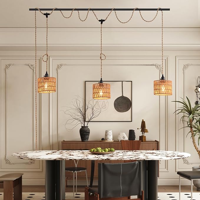 3-Light Hanging Light with Plug in Cord, Plug in Pendant Light 22ft Hemp Rope