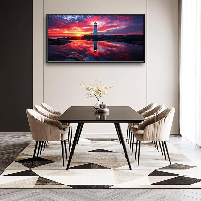 Olivine Lighthouse Wall Art, Nautical Coastal Pictures Wall Decor, Beach Sunset Paintings, Ocean Canvas Prints, Framed Artwork for Bathroom Bedroom Living Room Office Home Decoration 60"x30"
