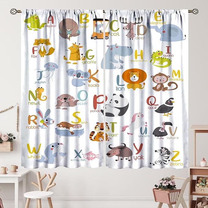 Kids Alphabet Curtains Funny Cartoon Educational Learning Cute Animal Zebra Curtain with Rod Pocket for Bedroom Living Room Decor Drapes Window Treatments 2 Panels Set 42" W X 45" L
