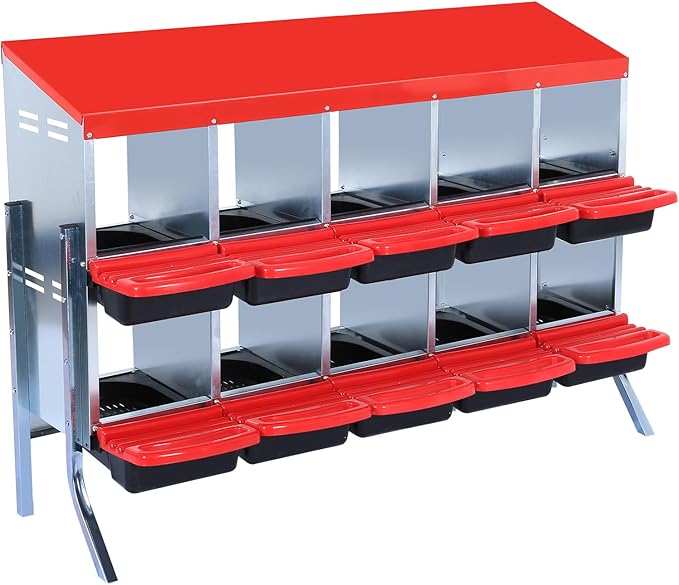 Chicken Nesting Box, Egg Laying Box, Convenient for Collecting Eggs, Ventilated Poultry House Equipment in Metal Chicken Coop, Suitable for Hens and Ducks (Red, 10 Holes with Legs)