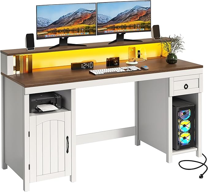 DWVO Farmhouse Office Desk with Drawer & Power Outlets, Wood Computer Desk w/LED Strip & Monitor Stand for Bedchamber Study, Home Office Table with Storage Cabinet for Working Writing Gaming (White)
