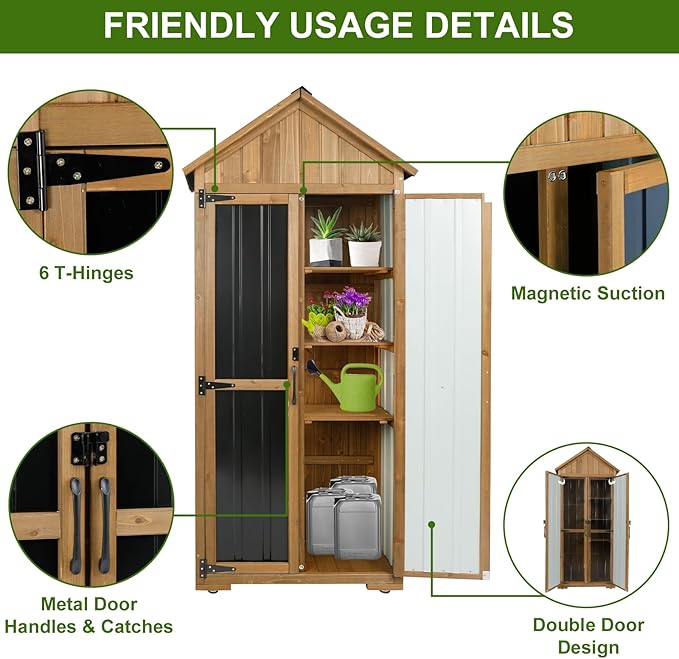 Wood & Metal Outdoor Storage Cabinet with Waterproof Roof, Garden Tool Shed with 6 T-Hinge, 4 Reinforced feet with Metal Brackets and 6 Adjustable feet, 3 Removable Shelves, 13.2X 31x 67IN