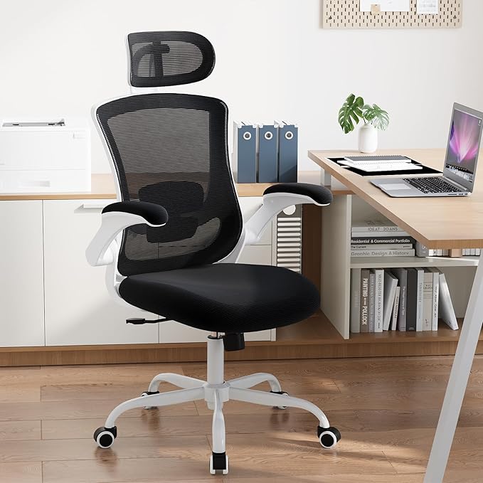 High Back Office Chair with Adjustable Lumbar Support & Headrest, Ergonomic Mesh Desk Chair with Flip-Up Armrests, Breathable & Comfortable Computer Chair for Home, Office & Study, Black