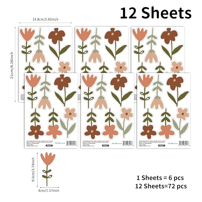 YouRfocus Boho Flower Wall Decals 72 PCS, Boho Decal Sticker for Girls Living Room Playroom Nursery, Removable Decals Kids Room Decor Vinyl Murals DIY Cute Decorations (12 Sheets)
