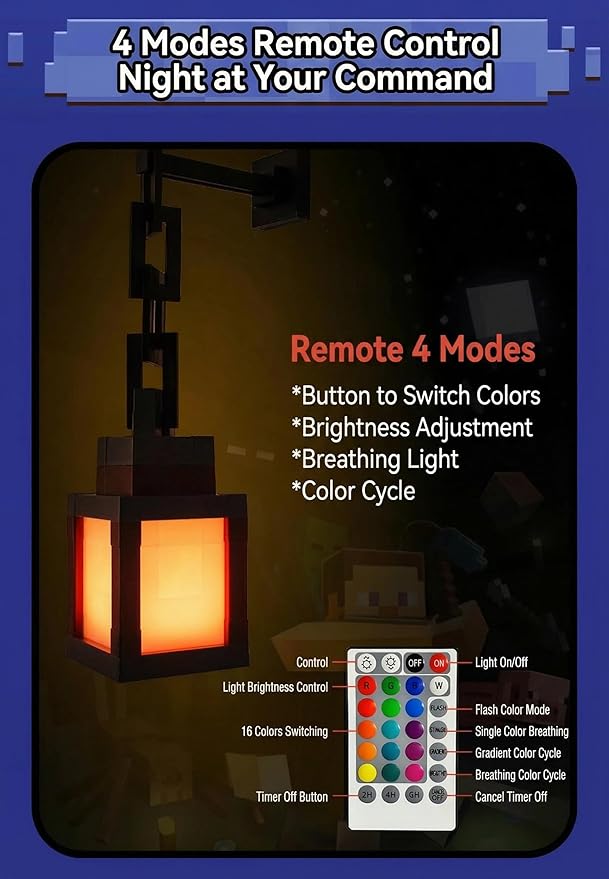 Timer-Enabled Pixelated Lantern Night Light, 16-Color RGB LED Mood Lamp