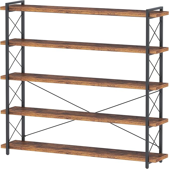 HCHQHS Large Bookshelf, 5-Tier Long Industrial Bookcase, Rustic Brown Book Shelf, Freestanding Horizontal Bookshelves with Metal Frame