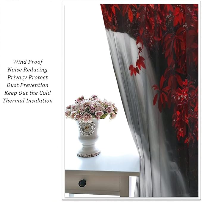 Red Forest Waterfall Blackout Windows Curtains, Waterfall Red Forest Black and Red Natural Landscape Print Window, for Living Room Bedroom 63x72in 2 Panels