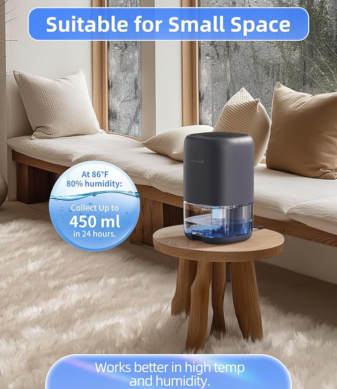 TABYIK Small Dehumidifier for Bedroom, Bathroom, Portable Dehumidifiers for Home, Room, RV, Closet, Quiet Compact Moisture Remover for Small Spaces, with Auto Shut Off, 35 OZ, Grey