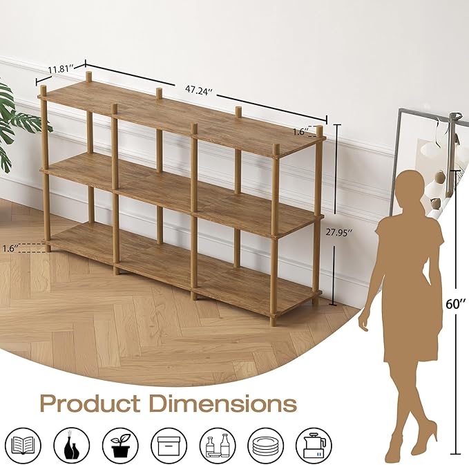 YGYQZ 3 Tier Short Book Shelf, 6 Cube Storage Shelf Organizer Bookshelf with Open Back, Long Horizontal Book Shelves for Office, Living Room, Bedroom, Rustic Brown