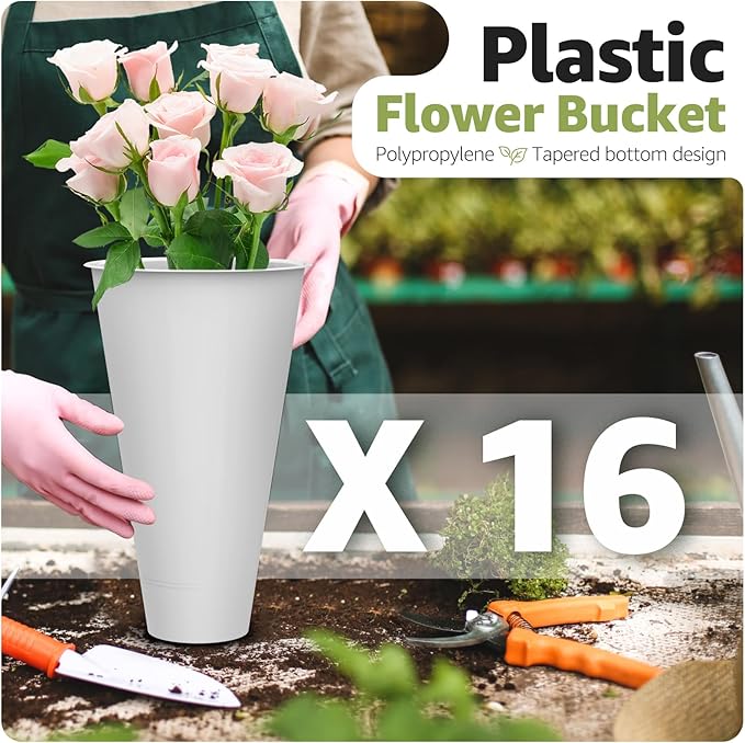 Flower Display Stand 4 Layers with 16 PCS Round Buckets, Plant Stand with Wheels, Movable Metal Plant Stand for Terrace Garden, Florist Shop