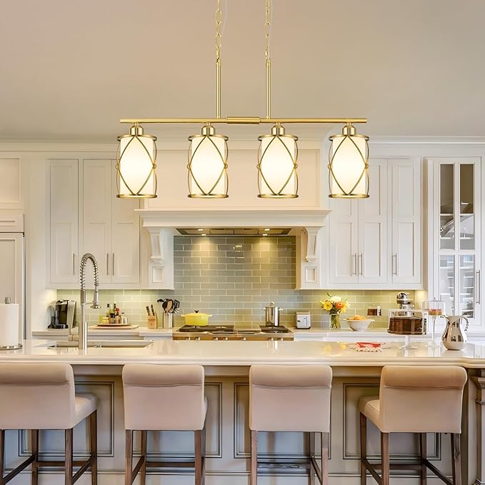 4-Light Kitchen Island Lighting, Brushed Gold Linear Dining Room Light Fixtures