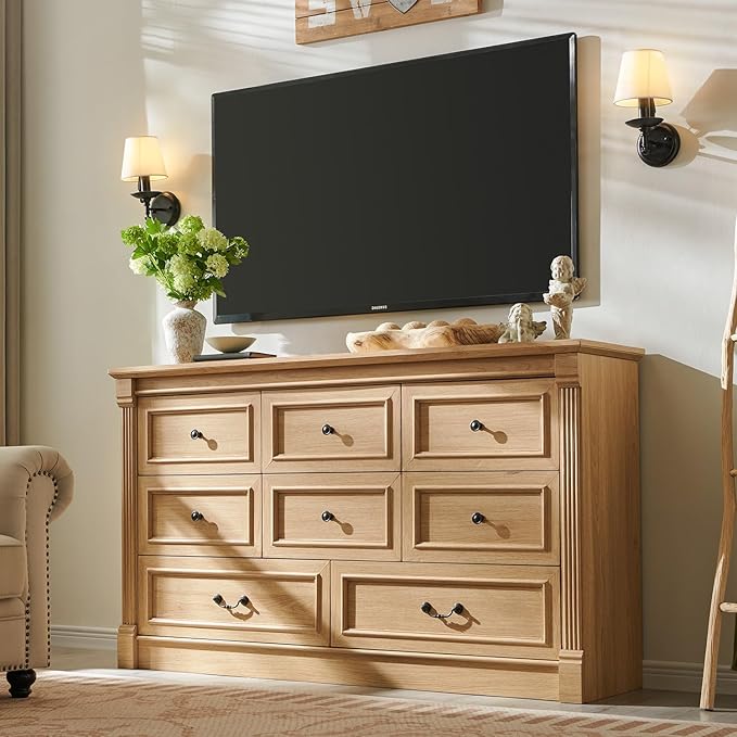 8 Drawers Dresser for Bedroom, Farmhouse 61" Wide Dressers & Chests of Drawers w/Roman Column, Large Storage Dressers Organizer w/Two Different Drawer Sizes for Bedroom,Living Room,Natrual