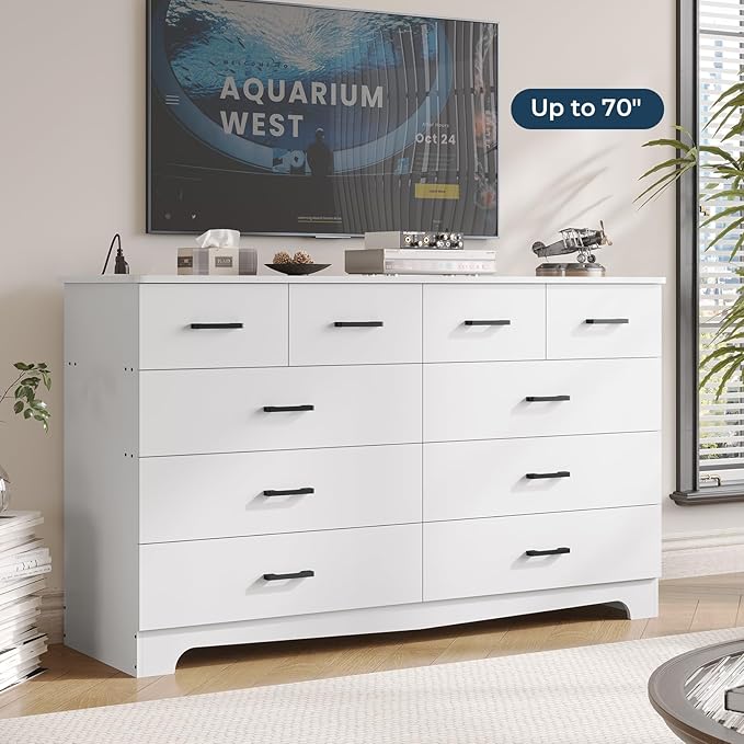 DICTAC White Dresser for Bedroom with 10 Drawers, Large Chest of Drawers Storage Organizer, Long Dresser TV Stand with Power Outlets, Wide Dressers for Bedroom, Living Room 55.1" W x 32.3" H x 15.8" D