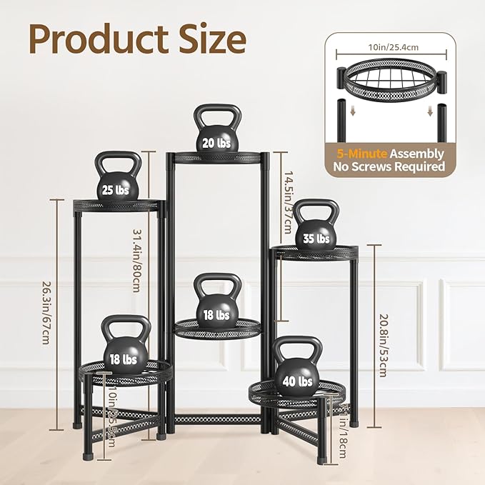 LASZOLA 6 Tiered Folding Tall Plant Stand for Indoor Outdoor Corner, Larger Heavy Duty Metal Adjustable Multiple Rack with 10 Inch Wide Hollow Tray, Flower Planter Holder for Modern House Patio, Black
