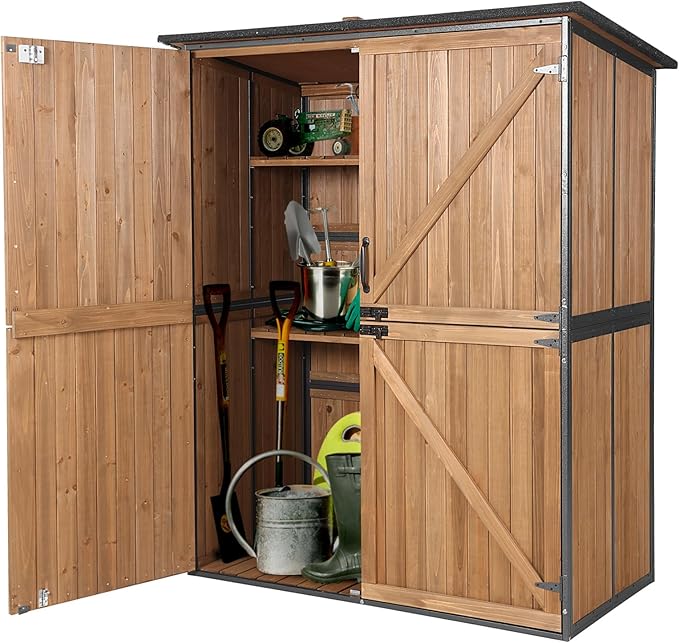 Aivituvin Outdoor Storage Shed with Floor, Garden Tool House with Metal Frame Structure, Large Wooden Cabinet with Adjustable Shelves for Backyard Garden Patio (Brown)