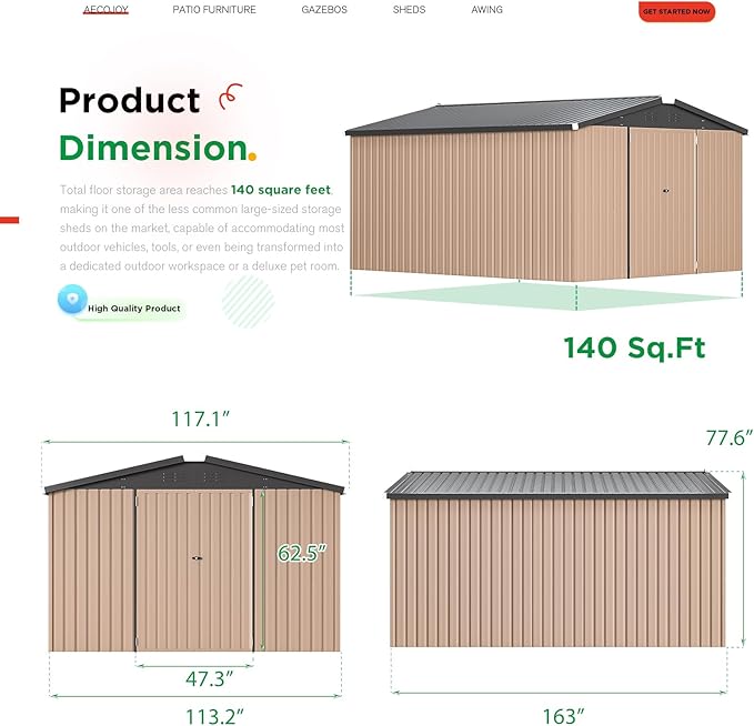 AECOJOY 10' x 14' Shed Metal, Outdoor Storage Sheds & Outdoor Storage 10' x 14' with Lockable Doors, Large Steel Yard Shed, Utility and Tool Storage for Garden, Backyard, Patio, Outside use in Grey
