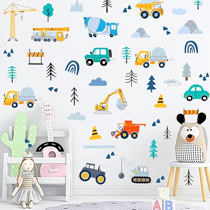 AOWDIAO Construction Vehicle Wall Decals – 90Pcs Reusable Peel and Stick Vinyl Stickers for Kids’ Room, Nursery & Playroom – Removable Truck Decoration for Boys & Toddlers