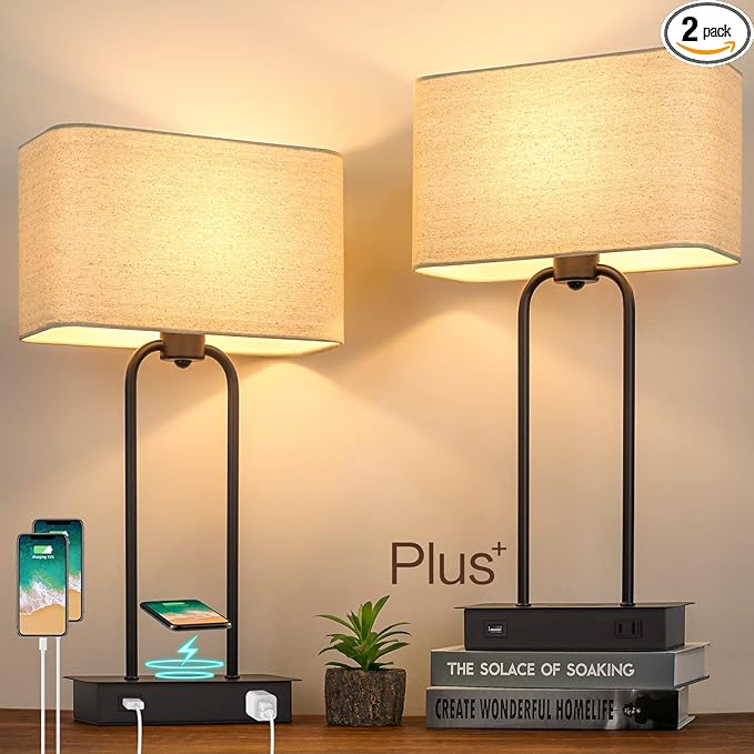 Set of 2 Wireless Charging Touch Control 3-Way Dimmable Table Lamps, Beside